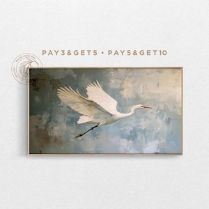 Art 4K pour téléviseur avec cadre Samsung, grue blanche, peinture à l'huile sur toile vintage, oiseau volant dessiné à la main, oeuvre d'art numérique minimale en bleu estompé