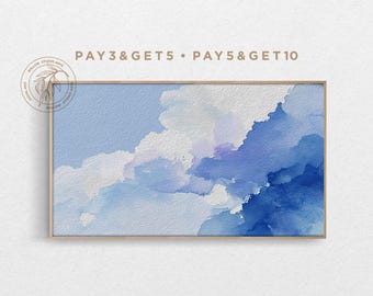 4K Samsung Frame TV Art, Blue & White Watercolor Painting, Abstract Modern TV Art, Ink Stain Texture, Minimal Contemporary Digital Artwork