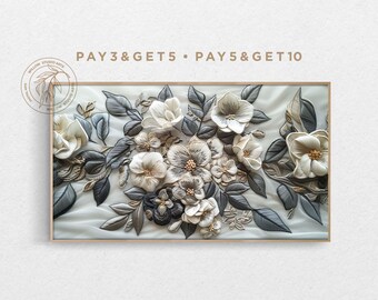 4K Samsung Frame TV Art, White Flowers 3D Floral Embroidery Craft, Fabric Texture TV Art, Spring Floral Boho Botanical Digital Artwork
