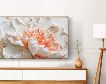 4K フレーム TV アート、咲き誇る白い牡丹の花、3D 油絵、超詳細な春の