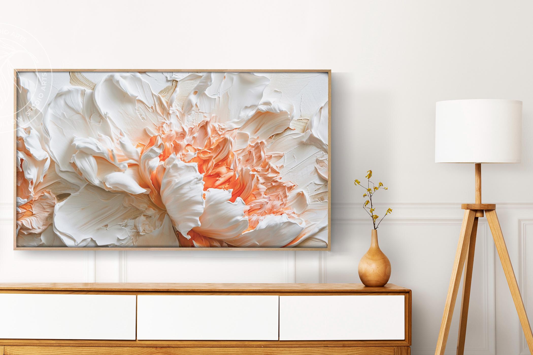 4K フレーム TV アート、咲き誇る白い牡丹の花、3D 油絵、超詳細な春の