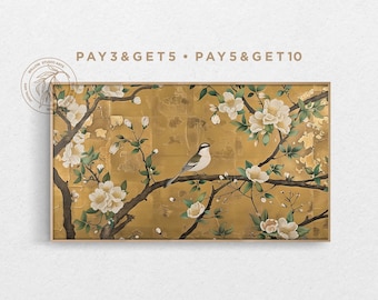 4K Samsung Frame TV Art, White Blooming Flowers & Bird, Traditional Vintage Japanese Painting, Muted Gold Texture, Floral Digital Artwork
