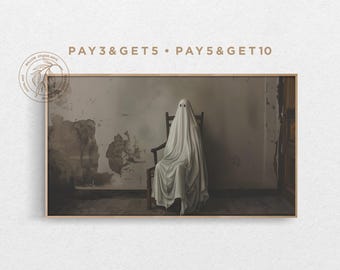 4K Samsung Frame TV Art, Bedsheet Ghost Sitting in Chair, Vintage Oil Painting, Spooky Horror TV Art, Happy Halloween Digital Artwork