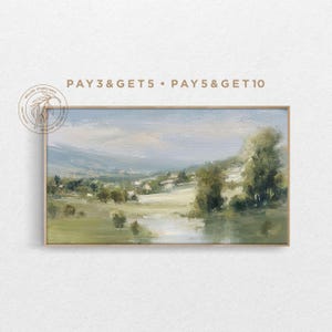 4K Samsung Frame TV Art, Peaceful Green Meadow Landscape, Vintage Oil Painting, Spring Trees & River TV Art, Muted Impasto Digital Artwork