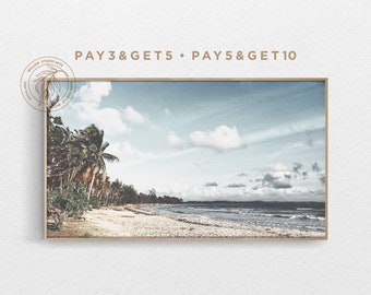 4K Samsung Frame TV Art, Pastel Blue Coastal Landscape, Summer Ocean & Palm Tree White Beach, Film Texture, Tropical Boho Digital Artwork