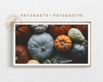 May include: A framed print showing a variety of pumpkins in shades of orange, red, grey, and green. The pumpkins are of different shapes and sizes. The text "PAY 3 & GET 5 • PAY 5 & GET 10" is displayed in the upper left corner.
