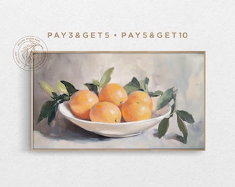 4K Samsung Frame TV Art, Oranges in A Bowl, Still Life Vintage Oil Painting,  Spring Fruits TV Art, Muted Impressionist Digital Artwork
