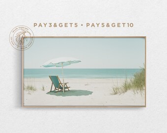 May include: A blue beach chair sits under a white umbrella on a sandy beach with blue water in the background. The text "PAY 3 & GET 5 • PAY 5 & GET 10" is at the top of the image.