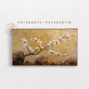 May include: A framed painting of a white cherry blossom branch against a gold background. The text "PAY 3 & GET 5 • PAY 5 & GET 10" is at the top of the image.