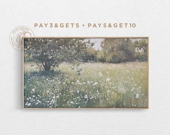 4K Samsung Rahmen TV Kunst, Wilde weiße Blumen Feld, Vintage Ölgemälde, Frühlingsgrün Grass Blumenwiese, Gedämpfte Pastell Digitale Kunstwerke