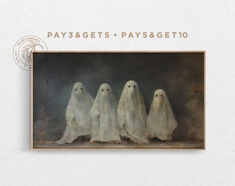 4K Samsung Frame TV Art, Vintage Oil Painting of Cute Ghosts on Canvas, Spooky Horror Dark Haunted TV Art, Happy Halloween Digital Artwork