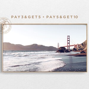 4K Samsung Frame TV Art, California Summer Beach, Golden Gate Bridge, Muted Coastal Landscape, Natural Boho Digital Artwork