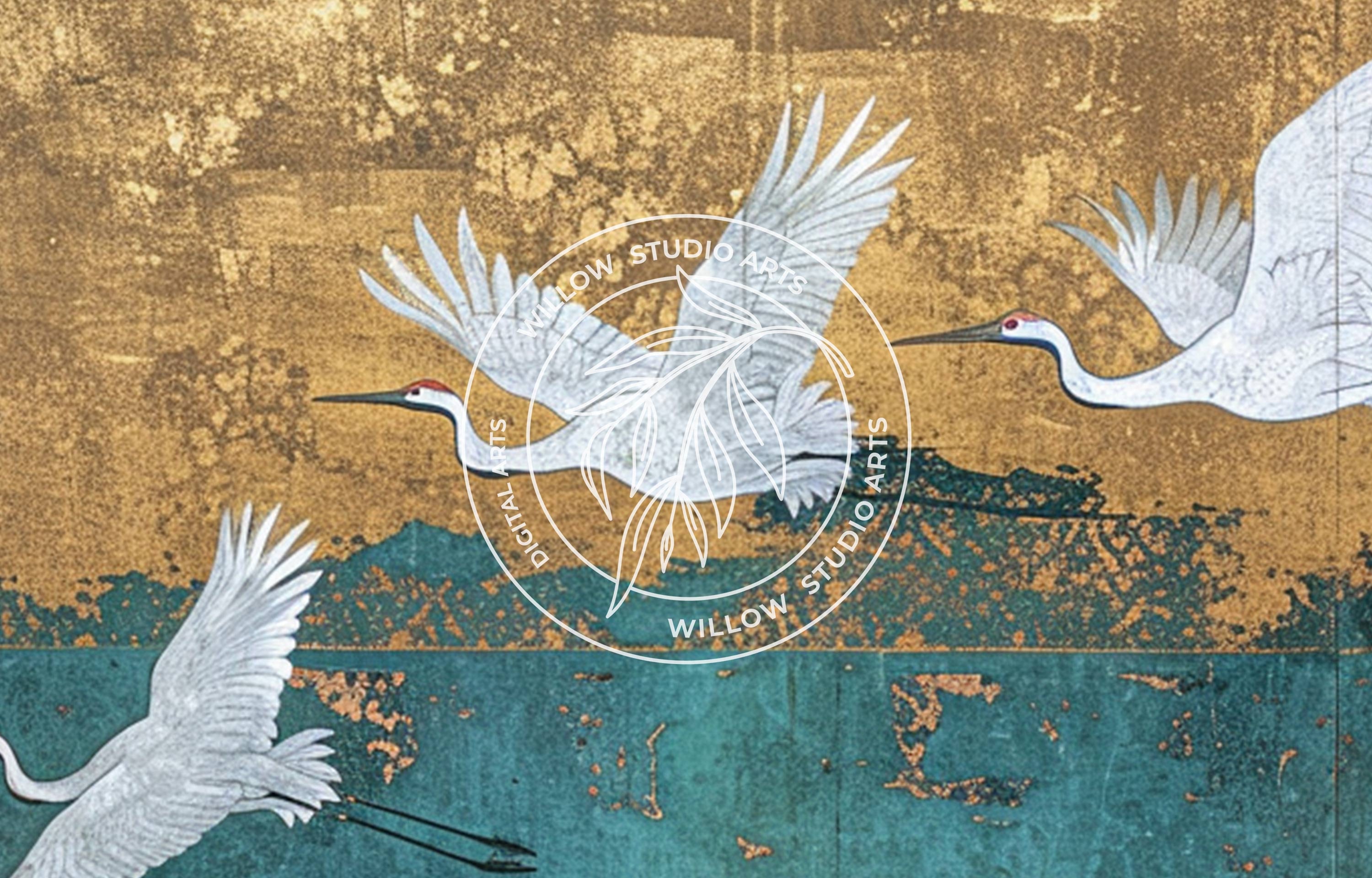 4K Samsung Frame TV Art, White Cranes Flying, Vintage Japanese