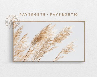 Arte para TV Samsung Frame 4K com tema de outono, paisagem bege dos pampas, arte para TV com grama seca em tons neutros de outono, arte minimalista em tons pastel, arte digital boho tranquila.