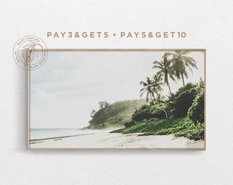 4K Samsung Frame TV Art, Light Pastel Coastal Landscape, Summer Palm Tree Beach, Relaxing Tropical Boho Digital Artwork