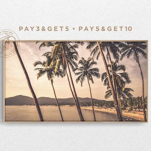 4K Samsung Frame TV Art, Summer Palm Tree Beach Landscape, Coastal Golden Sunset View, Natural Boho Digital Artwork