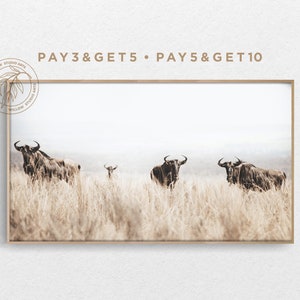 May include: A framed photograph of four wildebeest standing in a field of tall, dry grass. The background is a hazy, light blue sky. The image is framed in a light brown wood frame.