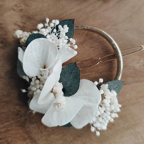 Barrette en fleurs séchées et stabilisées, barrette ronde fleurie personnalisée, accessoire de cheveux mariage