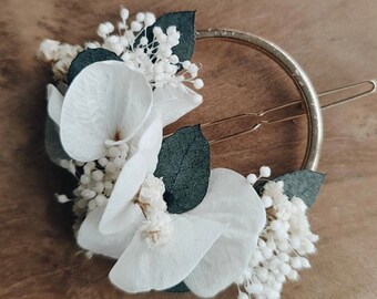 Barrette en fleurs séchées et stabilisées, barrette ronde fleurie personnalisée, accessoire de cheveux mariage