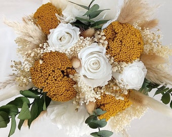 Bouquet de mariée avec roses éternelles, gypsophile, mariage champêtre, compositions mariage, bouquet de fleurs séchées et stabilisées