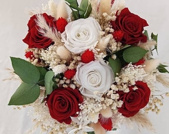 BOUQUET DE MARIÉE en fleurs séchées et stabilisées, bouquet tons rouges et blancs avec roses éternelles, bouquet pour mariage et cérémonie