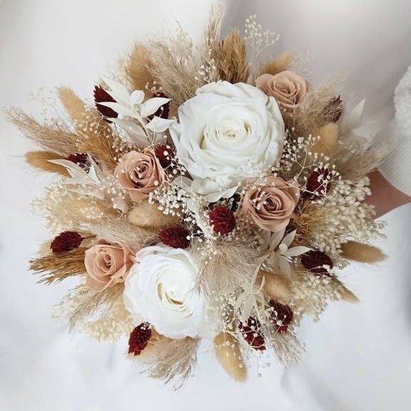 Bouquet de mariée avec roses éternelles, bouquet de mariée sur mesure, avec rose eucalyptus, gypsophile