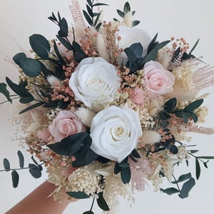 Bouquet de mariée rose pastel, blanc et eucalyptus, bouquet de mariée rose poudré, bouquet pour cérémonie