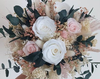 Bouquet de mariée rose pastel, blanc et eucalyptus, bouquet de mariée rose poudré, bouquet pour cérémonie
