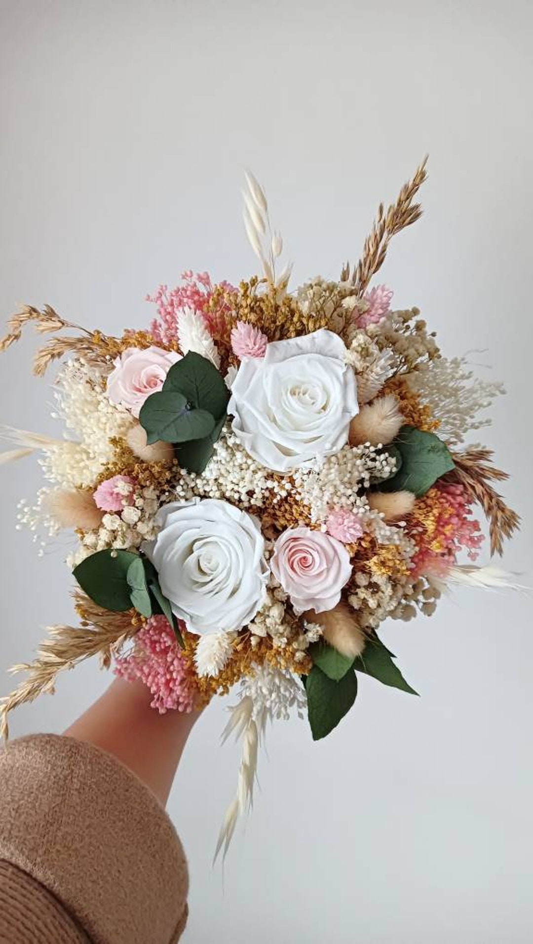 BOUQUET DE MARIÉE avec roses stabilisées, bouquet de fleurs séchées et ...