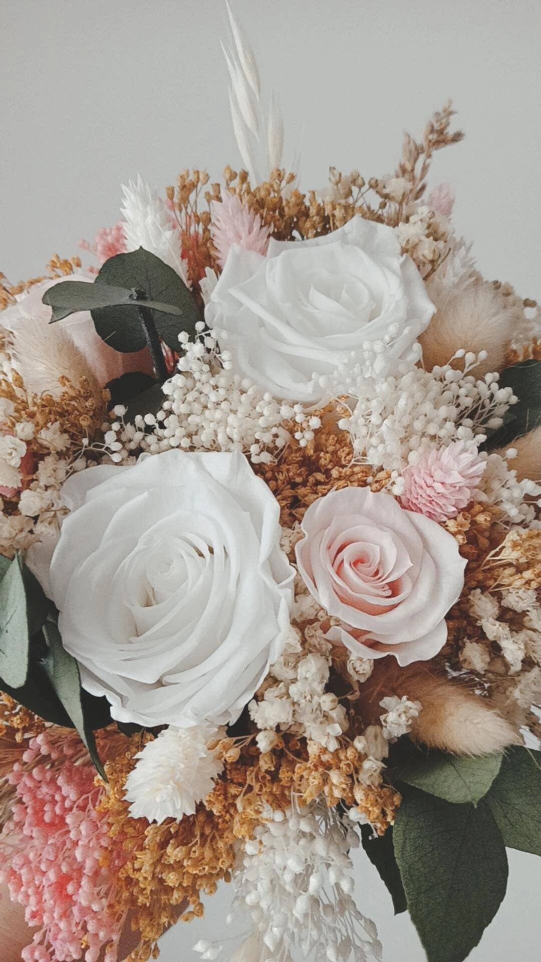 BOUQUET DE MARIÉE avec roses stabilisées, bouquet de fleurs séchées et ...