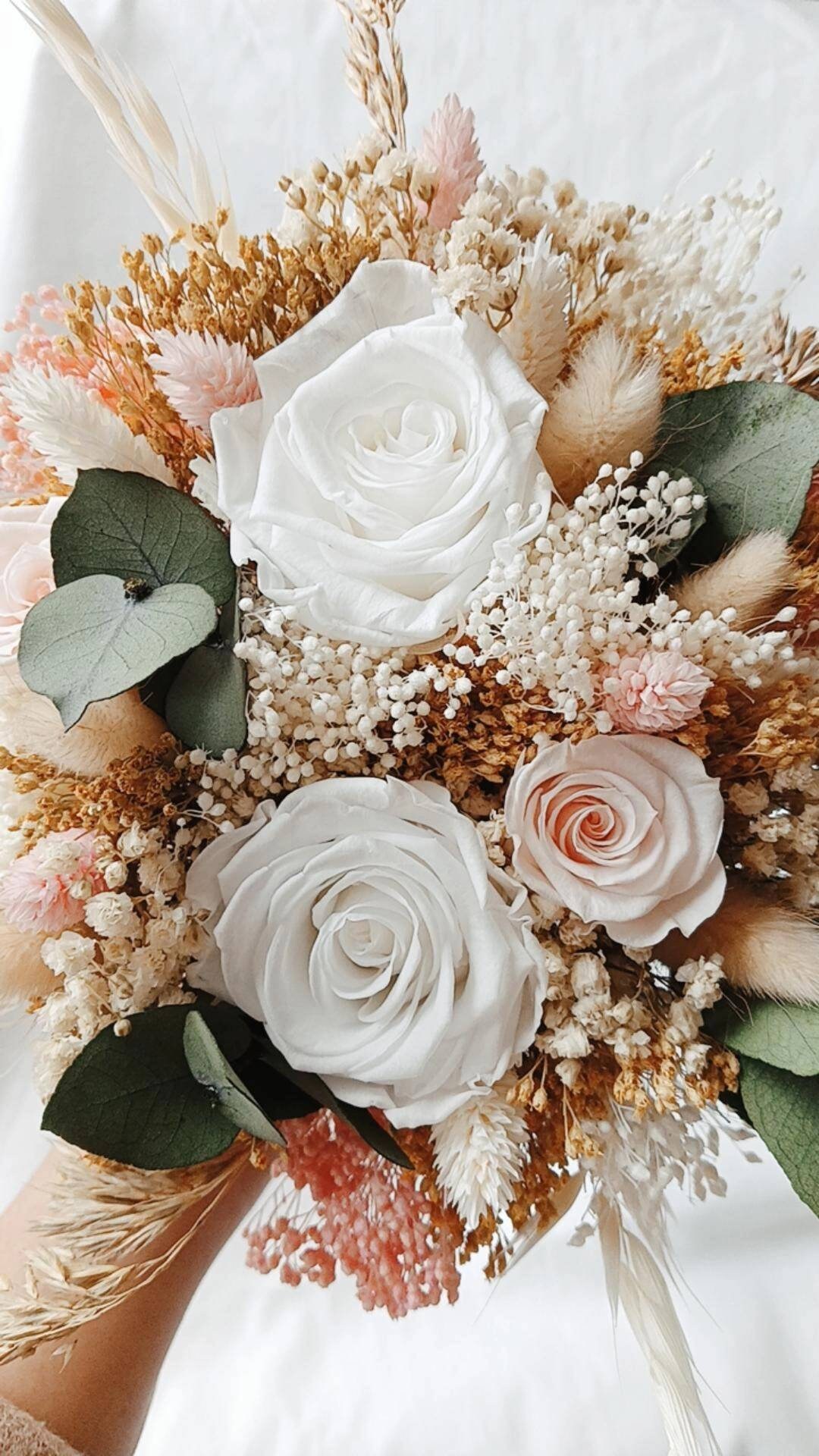 BOUQUET DE MARIÉE avec roses stabilisées, bouquet de fleurs séchées et ...