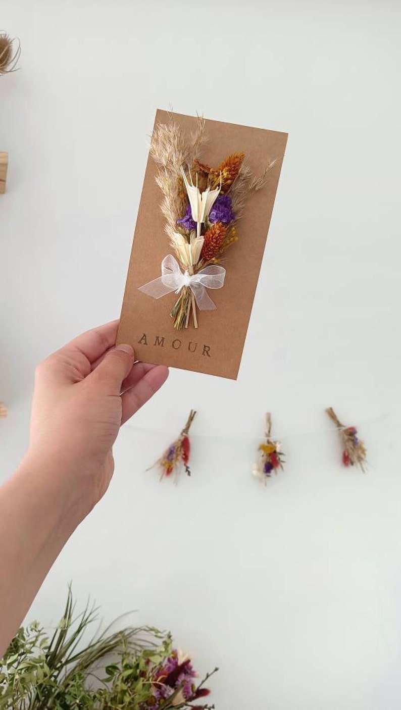 Carte de fleurs séchées, papier kraft avec petit bouquet de fleurs séchées, fleurs séchées et stabilisées, idée cadeau, petites attentions image 5