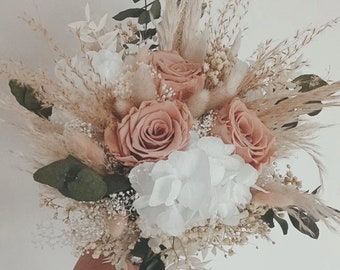 Bouquet de mariée bohème avec rose, Gypsophile et pampa, bouquet de mariée sur mesure en fleurs séchées et stabilisées, mariage bohème chic