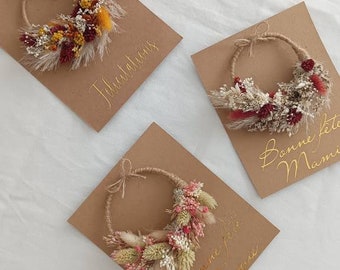CARTE FLEURIE en kraft à personnaliser avec mini couronne, carte de vœux ou félicitations, idée cadeau maman