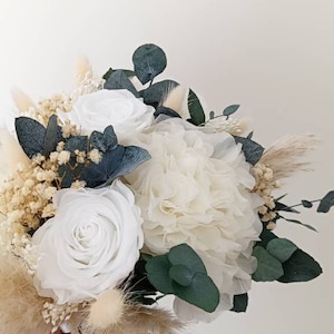 Natural white beige and eucalyptus bridal bouquet, wedding bouquet for ceremony with eternal roses white hydrangea, gypsophila