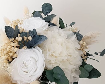 Bouquet de mariée blanc naturel beige et eucalyptus, bouquet de mariage pour cérémonie avec roses éternelles hortensia blanc, gypsophile