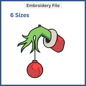 May include: Green hand with a red and white Santa hat holding a red Christmas ornament.  6 Sizes.