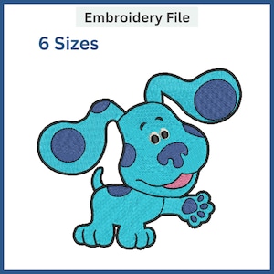 May include: Blue's Clues character, Blue the dog, is depicted in a light blue color with dark blue spots. Blue is walking with her right paw raised and her tongue sticking out. The image is an embroidery file.