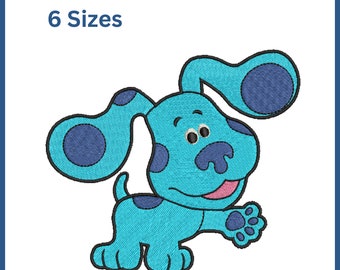 Puede incluir: El personaje de Blue's Clues, Blue la perra, está representada en azul claro con manchas azul oscuro. Blue camina con su pata derecha levantada y su lengua fuera. La imagen es un archivo de bordado.