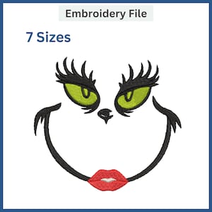 Peut inclure: Broderie en noir et blanc d'un visage ressemblant à celui du Grinch avec des yeux verts, des cils noirs et une bouche rouge. Le motif indique "7 tailles" en haut.