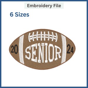 May include: Brown and white football with the word "SENIOR" in white text and the numbers "20" and "24" on either side of the word. The football has white stitching and a brown leather texture.