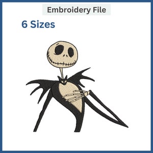 May include: Black and white embroidery design of Jack Skellington from The Nightmare Before Christmas. The design features a detailed outline of Jack's face and body, with his signature stitched smile. The design is available in 6 sizes.
