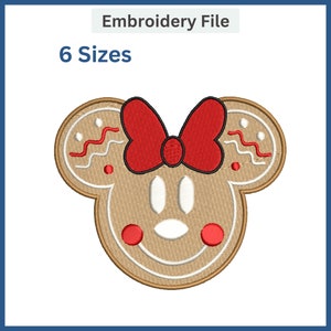May include: Embroidered design of a gingerbread cookie shaped like a mouse with a red bow. The cookie has white icing details and red cheeks. The text "6 Sizes" is above the image.