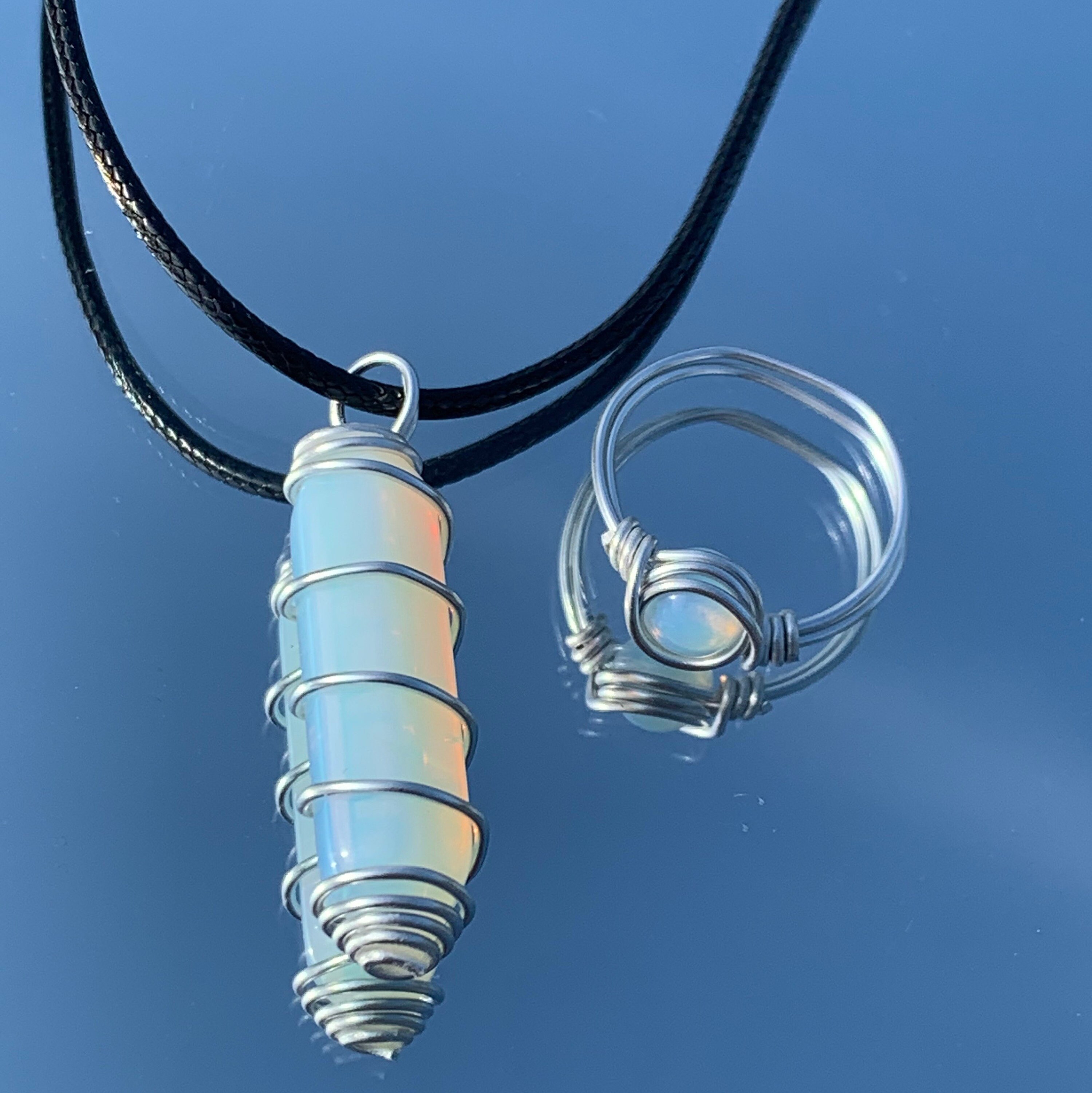 Rainbow, Opalite Wire Wrapped, Pendant, Necklace, Black Wax Wire Cord…