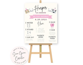 May include: A pink and white first birthday sign with a cat theme. The sign says "Harper Lee Anderson" and includes details about the child's age, weight, height, favorite books, and foods. The sign is on a wooden easel.