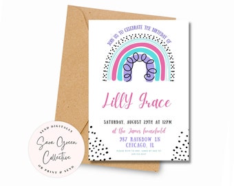 Editable Rainbow Birthday Party, Bright Rainbow Invitation,Girl Birthday party Invitation,Instant Download,Canva Digital Download, Printable