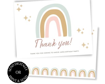 May include: A thank you card with a rainbow design in pastel colors. The card says "Thank you!" and "Thank you for coming to Hadlee James birthday party!"