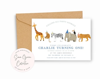 Partytier Geburtstagseinladung: Zootiere, bearbeitbare Canva Vorlage (Digitaler Download)