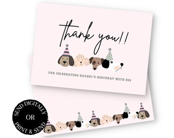 Puppy Birthday Thank You Card: Dog Pawty, Editable Canva (Digital Download)