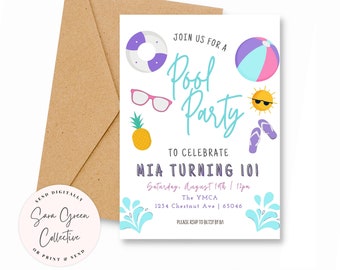 May include: A white invitation with a blue and purple pool party theme. The invitation says "Join us for a Pool Party to celebrate Mia turning 10!" The party is on Saturday, August 14th at 12pm at the YMCA, 1234 Chestnut Ave, 65046. Please RSVP to Betsy by [date].